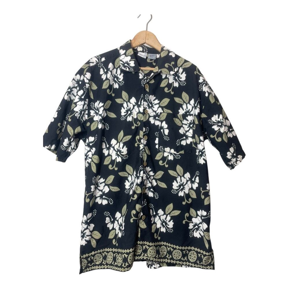 Ocean Pacific OP Sport Men Hawaiian Shirt Black Size XL Black White Olive Green